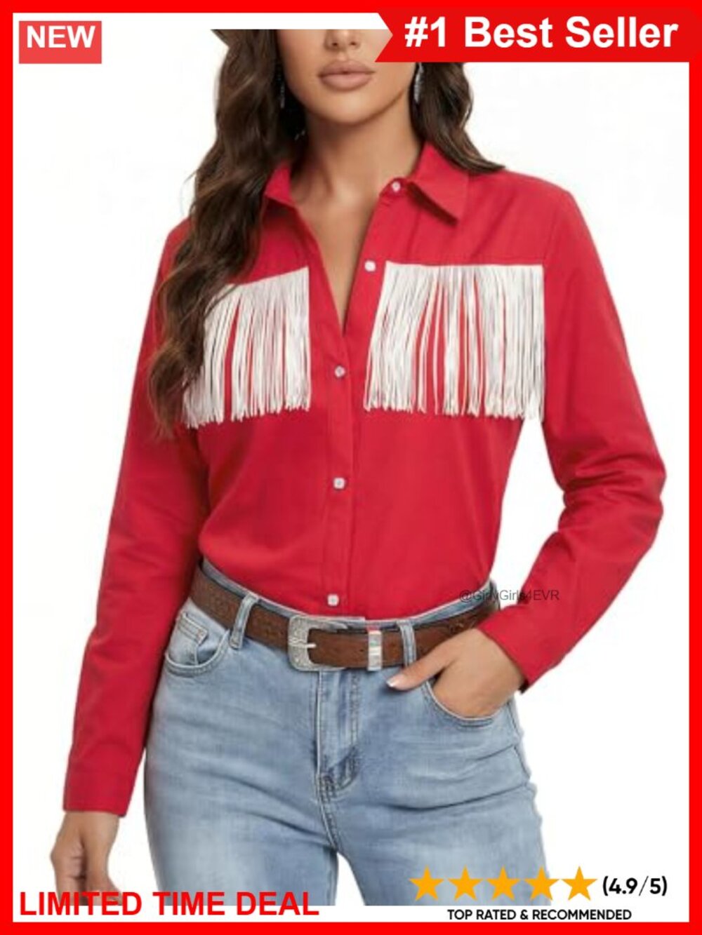 Women's Cotton Fringe Western Pearl Button Long Sleeve Shirt